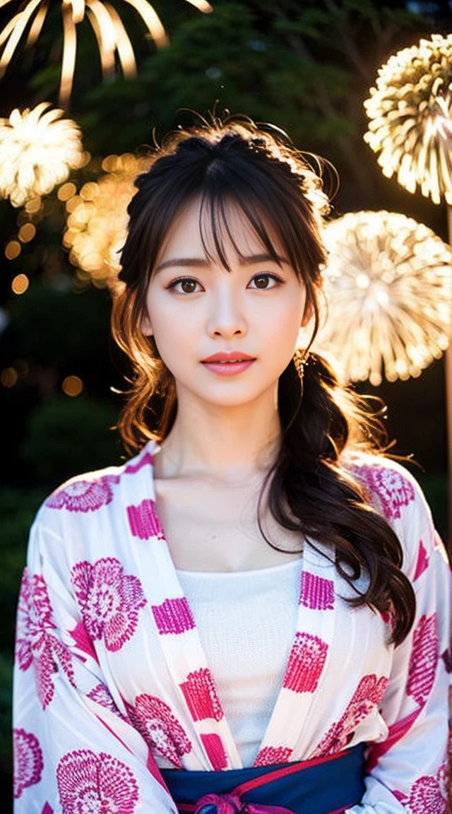 Dark brown hair、Light brown eyes、Japanese actress、 Lady、I am about 40 years old..、(Intricate details:1.2)、(Which is higher???:1.4)、 (Ultra-high resolution:1.2)、Ultra-high resolution、(Fine-tune)、(Detailed facial features)、Hmph、8k resolution、D cup size breasts、Long Hair、Hue、night、,Full body photo、firework、yukata、firework大会、日本のfirework、日本のyukata、band、Summer in Japan、yukata姿、Updo、