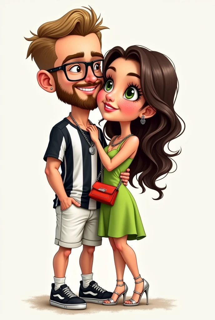 A cartoon or caricature drawing of a couple. He is on the left and she is on the right. They are the same height. The boy has a square face and does not have a thin chin., big forehead, It's blond, He has straight, short hair, shorty, He doesn't have a quiff and his bangs are combed to the side, Okay. His hair is not frizzy. He has a light brown beard, short and mustache, and has light brown eyes. He wears rectangular glasses with black frames and smiles. He wears a black leather chain around his neck with a silver pendant. He doesn't wear earrings. He doesn't wear a watch. He doesn't wear a bracelet. He wears white denim shorts below his knees. He wears a soccer team shirt that has vertical white and black stripes. He wears black low-top sneakers with a white stripe on the sole.. He doesn't wear socks. His right hand is in his shorts pocket and his left hand is on his girlfriend's waist. The girl has long, slightly wavy dark brown hair, almost at the waist, green eyes and thick eyebrows. She has few freckles on her face. She wears a lime green dress with wide straps just above her knees, a small red purse and silver high heels with thin straps crossed in front and a thin heel. She doesn't wear bracelets. She doesn't wear a watch. She doesn't wear a necklace. She wears earrings. she is on the side, with the front knees bent at 90 degrees with the foot raised back. She is resting her hands on her boyfriend's shoulder, giving him a kiss on the cheek, while he holds her waist.