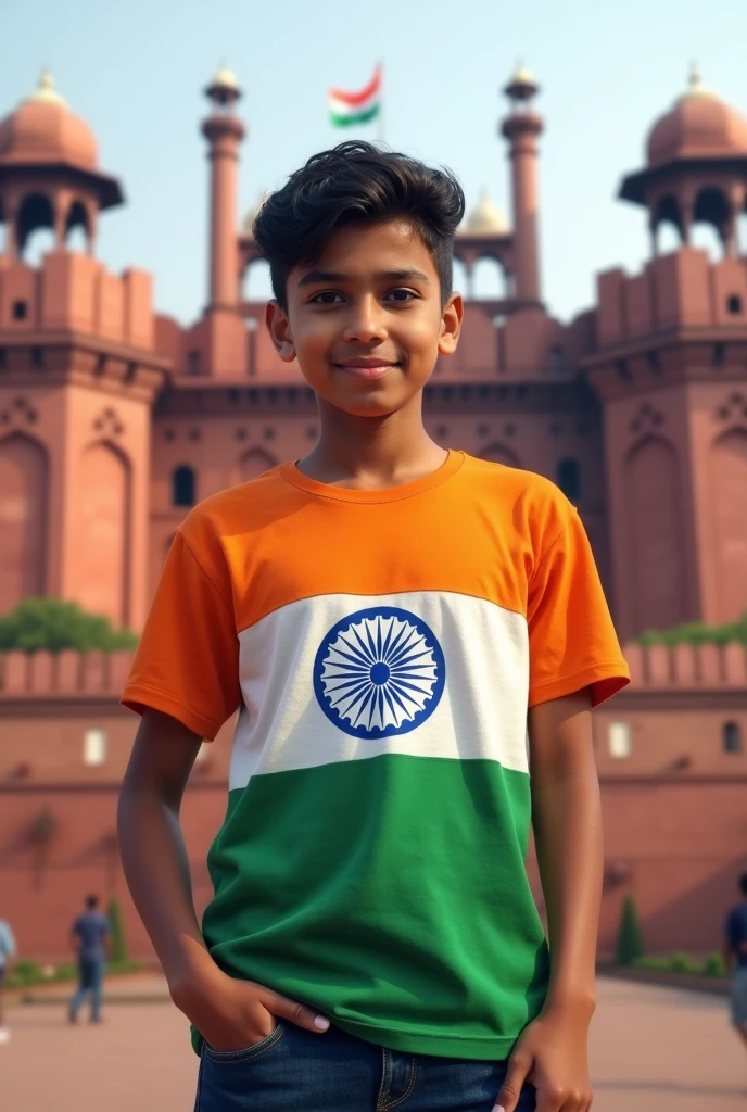A boy of 16years wearing indian flag and written name on tshirt nitish yadav on red fort