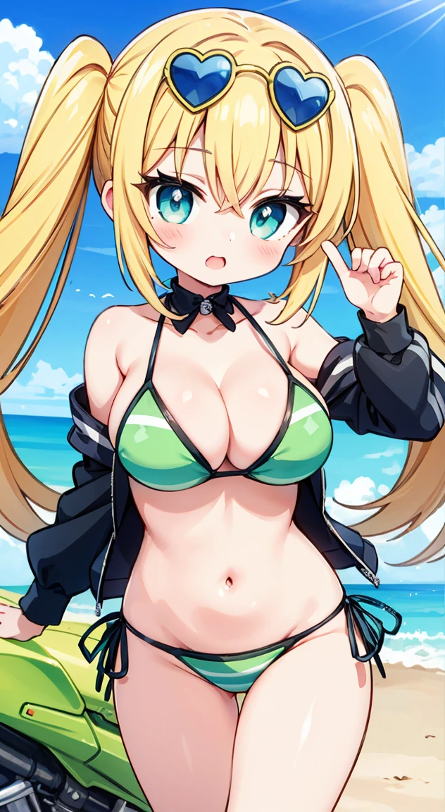 Side tie bikini panties,,masterpiece, Highest quality, (anime screencap:1.3),(shape), cute,(Simple:1), (anime:1.2),Solo Sharp Focus, 1 girl, Cleavage,Looking at the audience, (Kawasaki ZX-10R,whole Motorcycle Limegreen),Are standing,,(Browsing Caution:1.2),Colorful Bikinis,Pastel Bikini,Beautiful Hair,Horizontal stripes,heart shaped pupils,Checkered bikini,(Vivid and detailed Tropical drink 1.1),cute eyes,Puffy eyes,Seductive pose,Shining Face,Large Breasts,Twin tail hair,heart shaped sunglasses on head,Hilarious