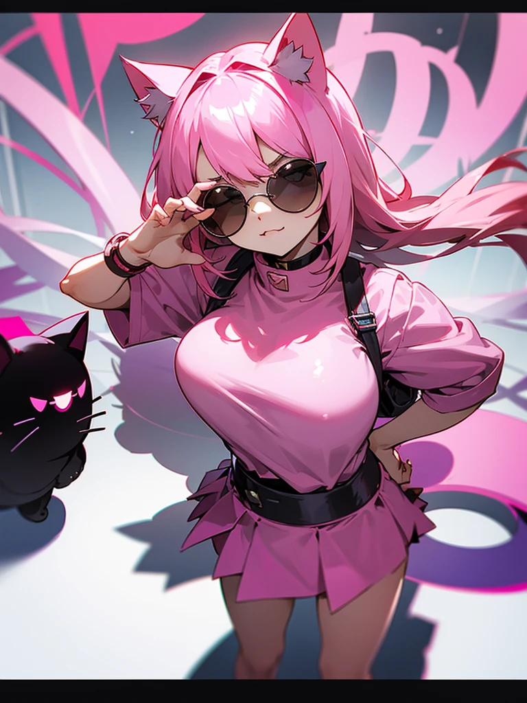 Pink miniskirt dress、Round sunglasses、Cat ear hood、Pink Straight Hair、Evil Face、Shadowy Face、tilt one&#39;s head、masterpiece, High resolution, Highest quality, 