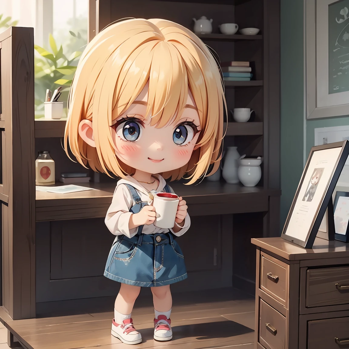 Super Chibi Character:1.8、Blonde Hair、Cute 7 year old girl、Random cute outfits、Wearing cute shoes、Super Chibi Character:1.8、Kissing Mouth、smile