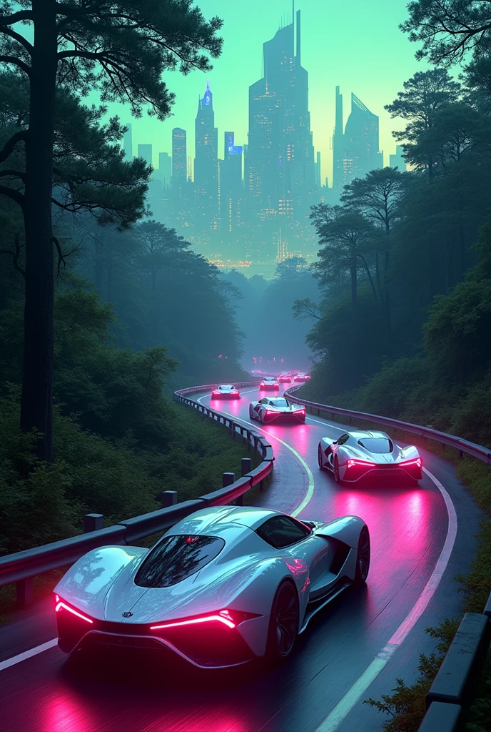 8k, hyper detailed, trippy and shapeshifting city landscape, realistic,  Trippy futuristic sportcars driving in a washington highway, full of trees, night, green and purple lights


