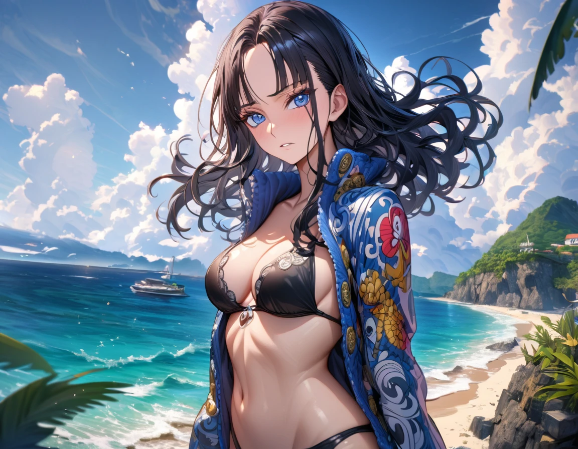 absurdres, highres, ultra detailed, HDR, master piece, best quality, extremely detailed, Nico Robin, black hair, without bangs, expressive blue eyes, One Piece, solo, woman, beautiful, black bikini, island, sea, beach