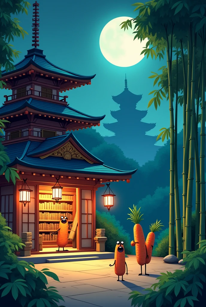 japanese temple at night ,with a moon in the background ,with bamboo and carrots ,with bookshelves with books and it's animated