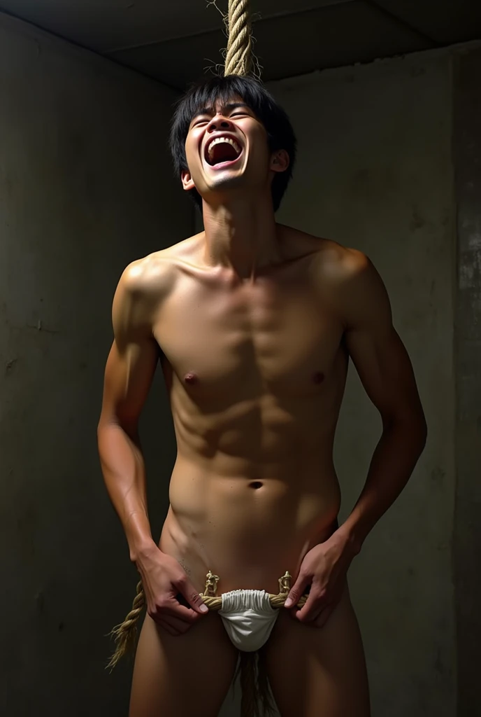 (Photorealistic:1.2、Highest quality、8k)、(Man with beautiful face、Face enduring severe pain、Crying with a big mouth open )、Sexual charm、Rape、sexual torture、Sexually attractive、Crushing a man's crotch、Big penis、Grabbing the man's crotch hard、Grab the crotch、Erotic photos、Scream in pain、Sexy posture、A boy is hanging from the ceiling with his arms tied with a rough rope、Sweat、The rope bound his body、Wet body、Rough rope digging into crotch、、One leg is suspended above by a rough rope、Tied up with rope、Tightly bound、My hands are tied、Feet dangling from shackles、Roppler biting his groin、A brutal lynching、Brutal Lynching、Severe pain、The man is a black-haired Japanese man.、A beautiful face like a woman、Handsome、Erotic Pose、The rope is digging into her crotch、Full nudity、I'm not wearing anything、The rope is tightening around the testicles、Okita Souji、Actor、Naked、muscle、(Sweat:1.2)、Fine skin、(Film lighting)、Bright light、The lighting is bright、dojo、、Stripped naked、、double eyelid、(Fascinating crotch)、((excited))、Six Pack Abs、Phimosis、