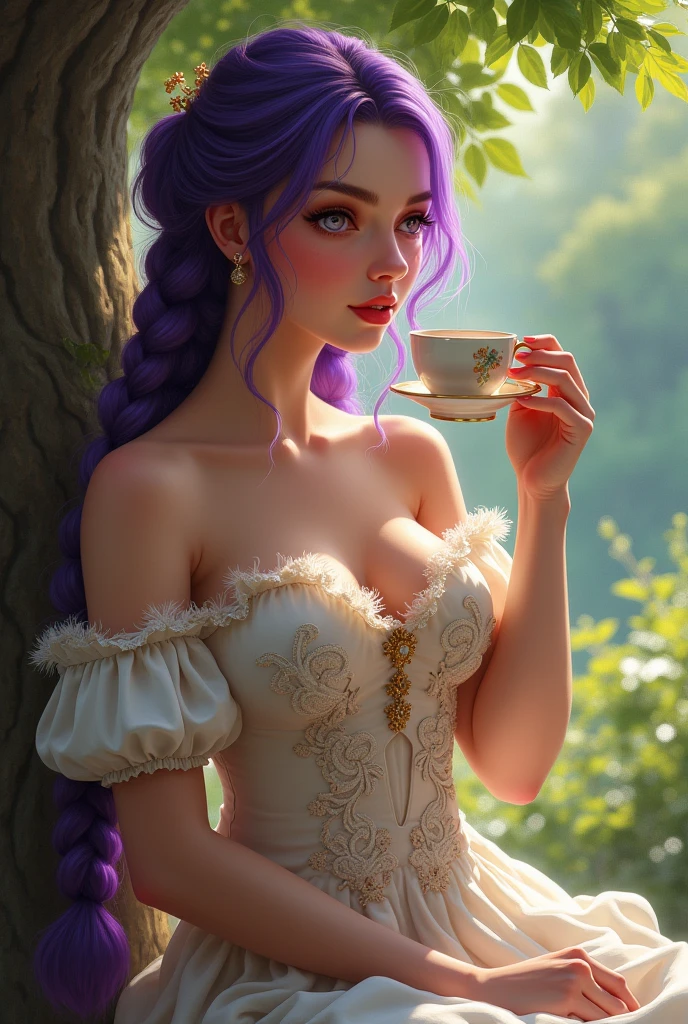 Young woman, Twenty years old, Long purple braided hair, Big breasts,Thin waist, Big butt, Wear a western dress in a young lady style., Sit and sip tea under the tree, Realistic Painting 2.5D