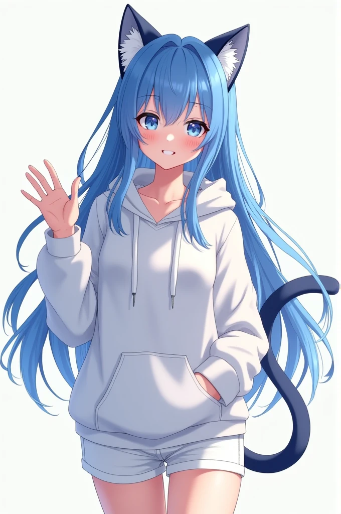 Adult anime cat girl with blue hair and blue cat ears with white shorts and a white hoodie. Shy and waving slightly. Full body shot.