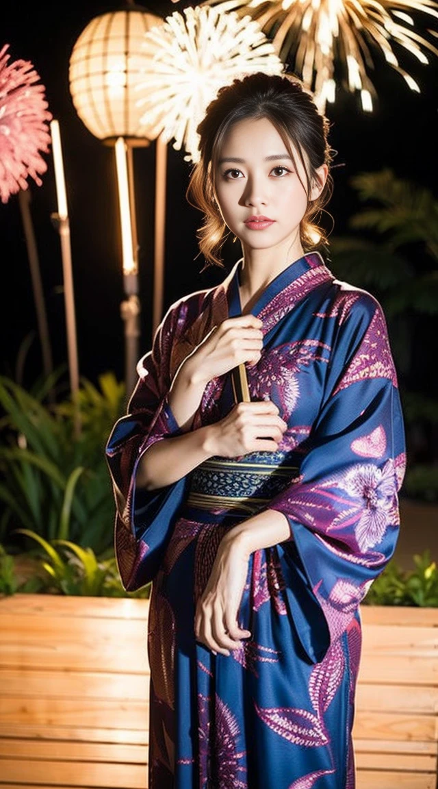 Dark brown hair、Light brown eyes、Japanese actress、 Lady、I am about 40 years old..、(Intricate details:1.2)、(Which is higher???:1.4)、 (Ultra-high resolution:1.2)、Ultra-high resolution、(Fine-tune)、(Detailed facial features)、Hmph、8k resolution、D cup size breasts、Long Hair、Hue、night、,Full body photo、firework、yukata、firework大会、日本のfirework、日本のyukata、band、Summer in Japan、yukata姿、Updo、Holding a fan in hand、Japan Fan、
