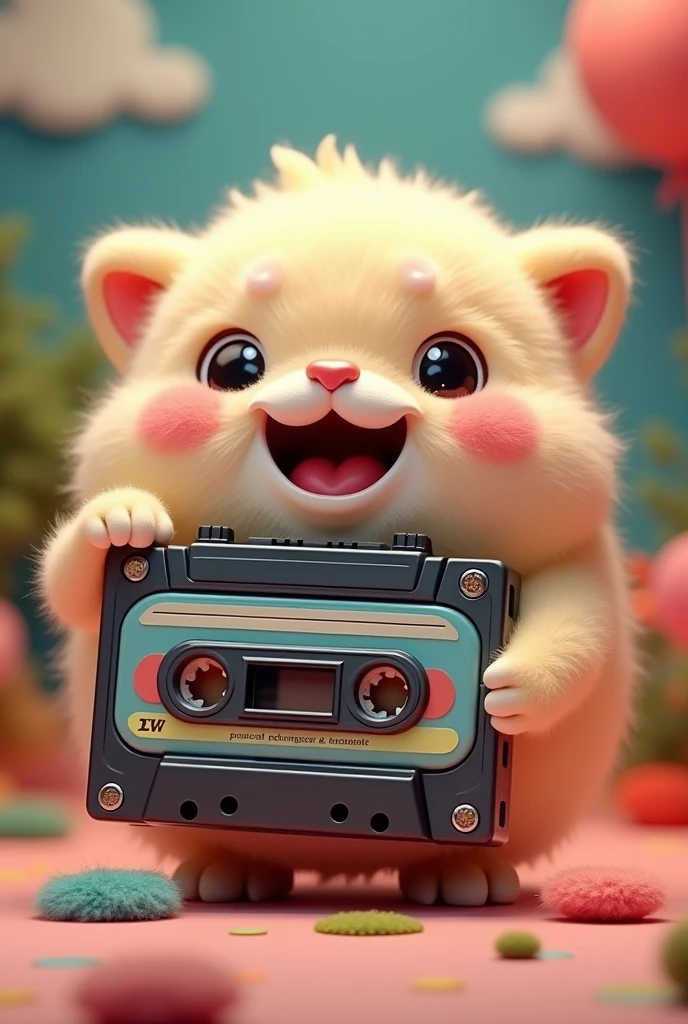 A cassette player, fluffly, Grinning