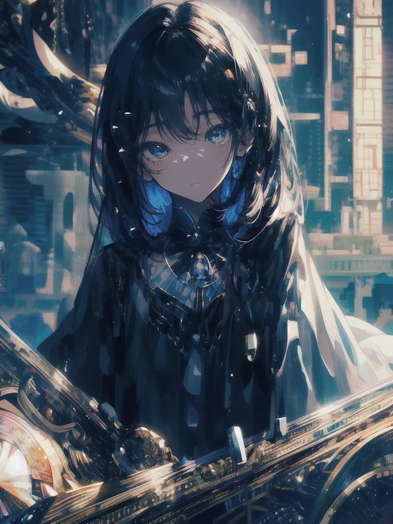 黒い剣を持ってください、((masterpiece, highest quality, Super detailed, High resolution)), alone, beautiful girl, shining eyes, perfect eyes, 15 years old, black white gold theme,