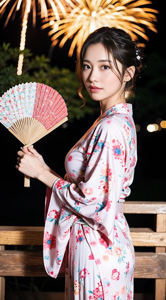 Dark brown hair、Light brown eyes、Japanese actress、 Lady、I am about 40 years old..、(Intricate details:1.2)、(Which is higher???:1.4)、 (Ultra-high resolution:1.2)、Ultra-high resolution、(Fine-tune)、(Detailed facial features)、Hmph、8k resolution、D cup size breasts、Long Hair、Hue、night、,Full body photo、firework、yukata、firework大会、日本のfirework、日本のyukata、band、Summer in Japan、yukata姿、Updo、Holding a fan in hand、Japan Fan、