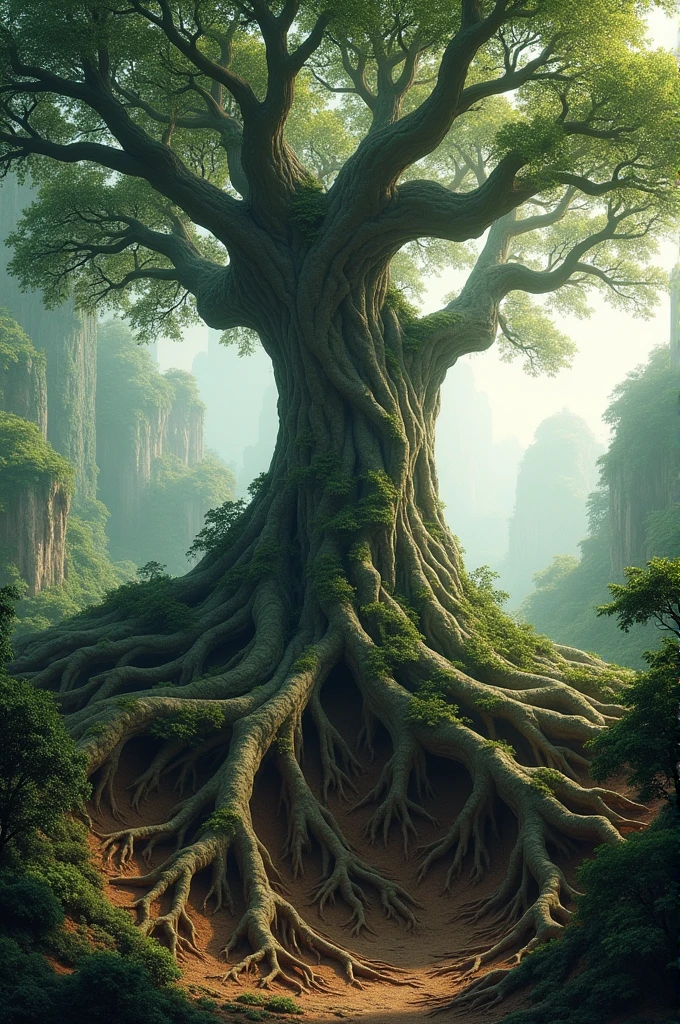 A tree with roots that extend towards the center of the Earth, symbolizing the connection between humanity and the planet