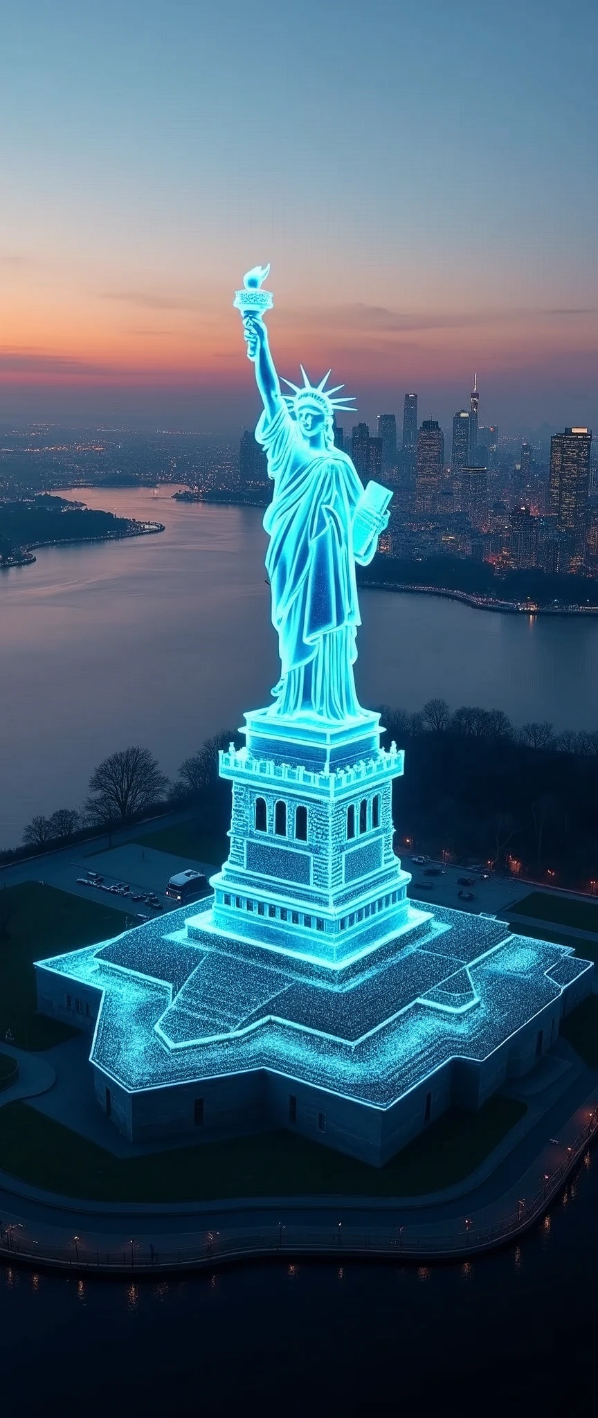 Landscape Photography,Shot from an airplane,(new york in the future:2.0,Statue of Liberty projected as a hologram:2.0),(masterpiece:1.2,Highest quality,Ultra-high resolution,Very detailed,8k,Realistic,Best aesthetics),beautiful,(dynamic)