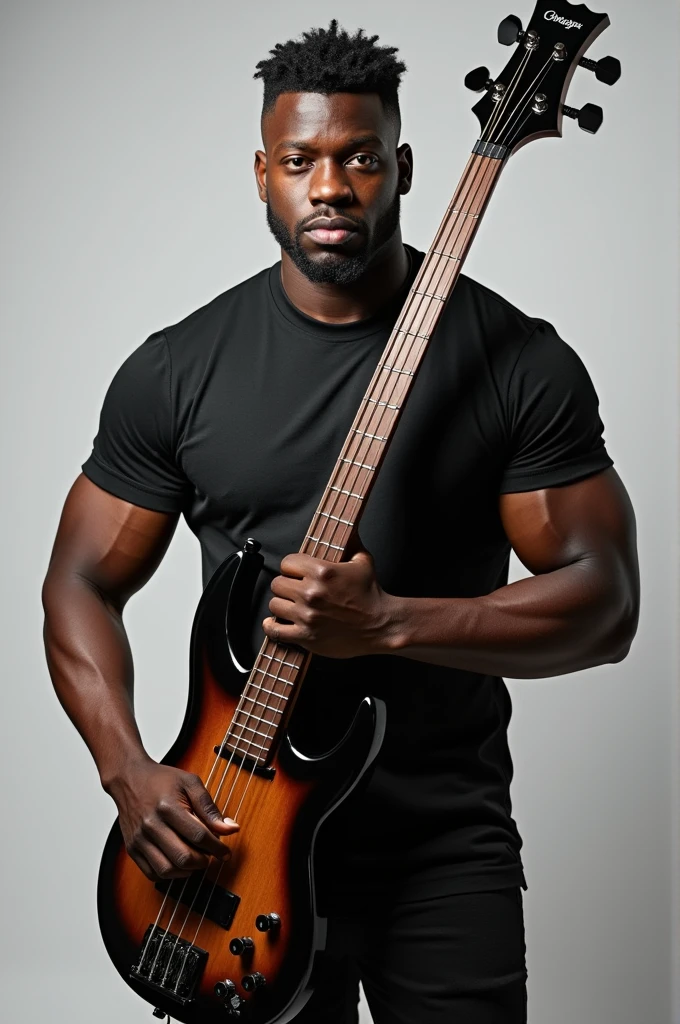 Black man weighing 78kg and 1,68 tall with curly hair with a razor fade cut holding a 5-string electric bass guitar 