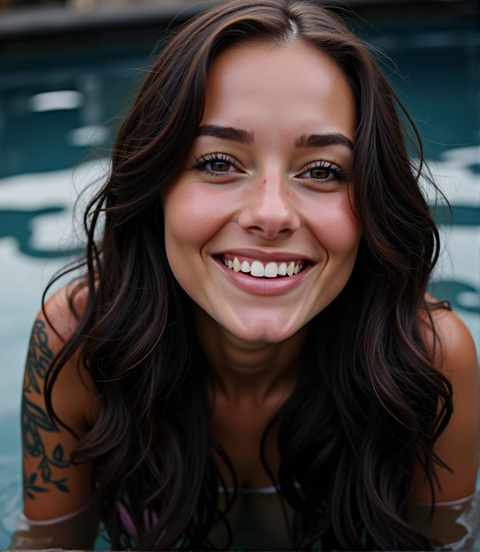 Imagine this girl, high quality, 4k hd. Girl with white bikini, show full body, huge boobs (like really), huge thighs (thick), in a pool, smiling