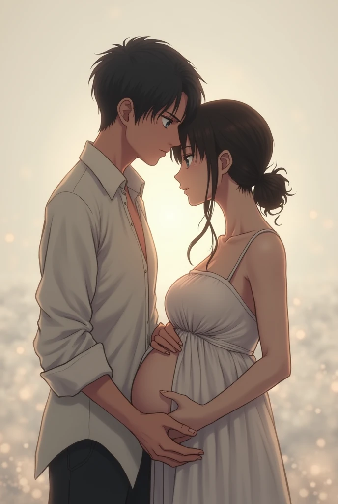 Levi Ackerman (Attack on Titan) caressing her pregnant belly with both hands, dressed only in a white shirt