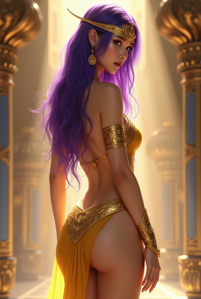 Korean butterfly woman with purple hair wearing golden headphones and a short, sexy, gold Egyptian Goddess outfit. Perfect, very short, showing her buttocks. 