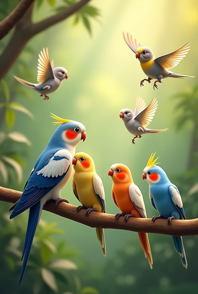 Put 6 happy cockatiels in nature, being a couple of wild adults on a perch, mall male harlequin chick with pearl and cinnamon markings with a yellow head flying, a small female wild species chick all grey flying, a small female flying harlequin chick with yellow colors ,grey and white on the wings, and a small female flying chick of the pearl cinnamon species with feathers in grey colors, White and yellow. Don't put blue colors on cockatiels