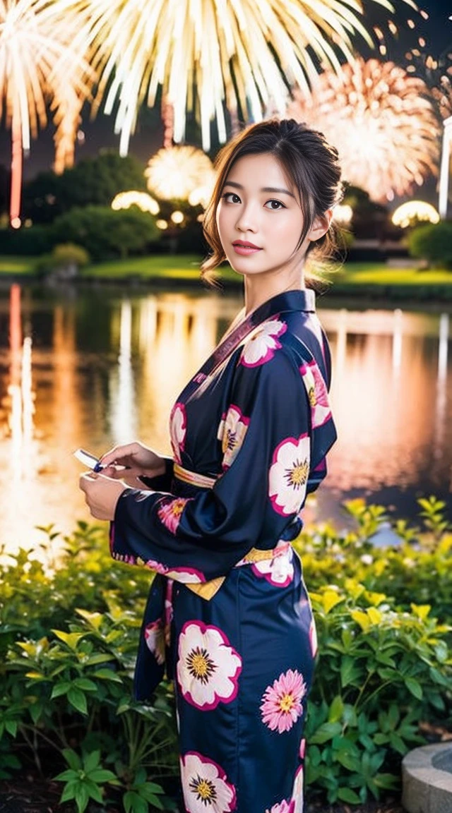 Dark brown hair、Light brown eyes、Japanese actress、 Lady、I am about 40 years old..、(Intricate details:1.2)、(Which is higher???:1.4)、 (Ultra-high resolution:1.2)、Ultra-high resolution、(Fine-tune)、(Detailed facial features)、Hmph、8k resolution、D cup size breasts、Long Hair、Hue、night、,Full body photo、firework、yukata、firework大会、日本のfirework、日本のyukata、band、Summer in Japan、yukata姿、Updo、Holding a fan in hand、