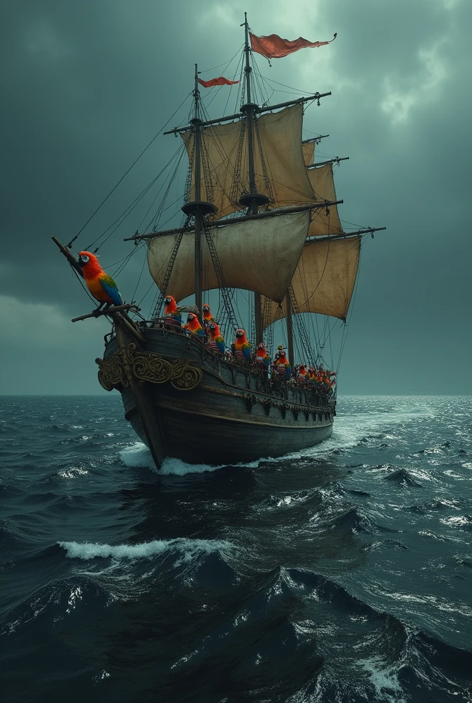 Image of a sea of black asphalt with a ship carrying numerous pirates with parrot heads and eyepatches.