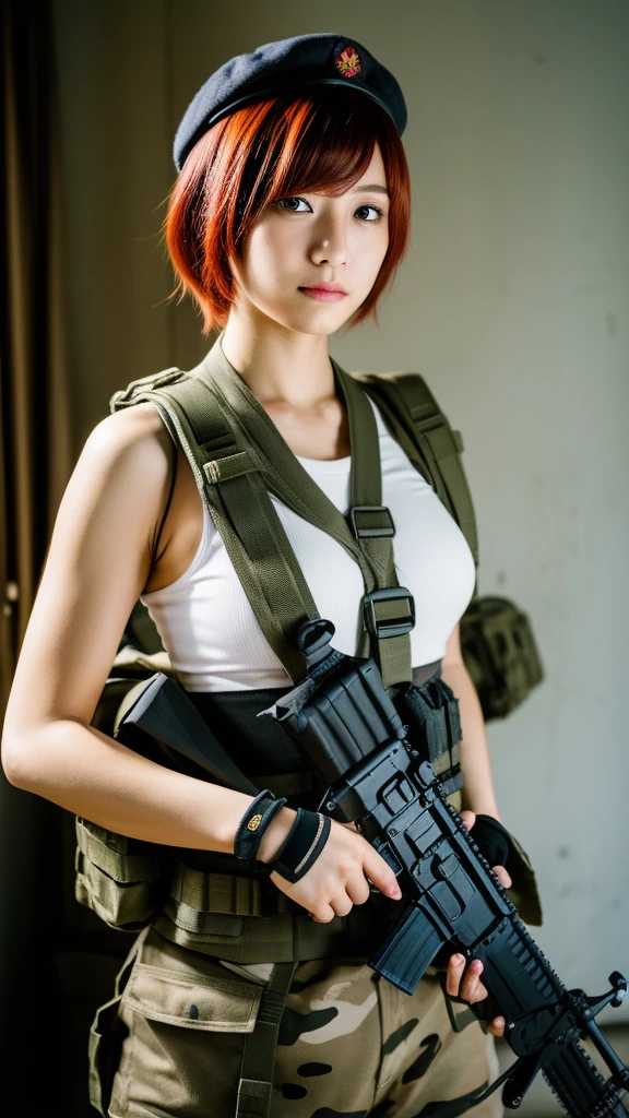 (masterpiece, ultra-detailed, ultra-realistic, best quality, clear focus, photorealistic), (ultra-high resolution, 8k:1.3), cinematic color-grading film, dramatic scenes, shadow, global-illumination, perfect anatomy, perfect face, (detailed face, detailed eye:1.3), (20 years old Japanese punk rock girl:1.2), (red hair:1.3), (experienced soldier:1.2), professional light, (boyish cool Japanese face:1.3), (Fully equipped for battle:1.3), (holding m4a1 large assault rifle:1.4), (long barrel rifle:1.3), (Strong willed expression:1.2), (afraid:1.3), (wearing a cute punk rock styled soldier's outfits made of leather with military helmet:1.2), slim waist, (at a battle field of Abandoned Building at night), flash light, (explosion:1.4), very large breasts, tactical vest, military harness, face focus,