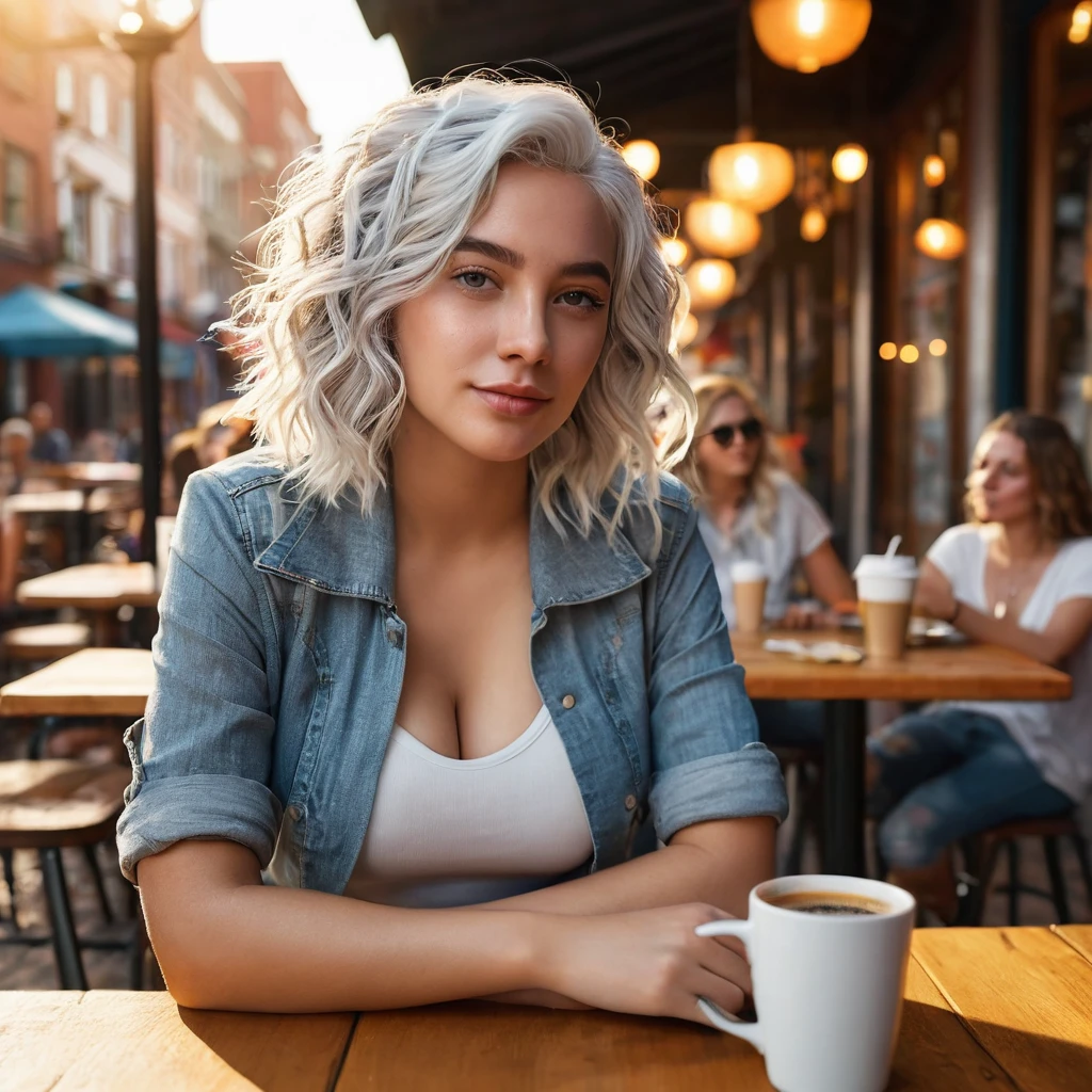 Sierra, a 21 year old athletic woman, midsize breasts and round booty, with (shoulder-short, unusually white hair with grey streaks, full, wavy, messy:1.1), (sitting outside of a cafe at a table with other people:1.1), talking to friends, friendly looking and drinking cup of coffee, wearing tight business dress, cleavage, The background shows other guests. the light shines in warm colors, golden hour, cinematic, colorful background, concept art, 8k, dramatic lighting, high detail, highly detailed, hyper realistic, intricate, intricate sharp details, octane render, smooth, studio lighting, trending on artstation