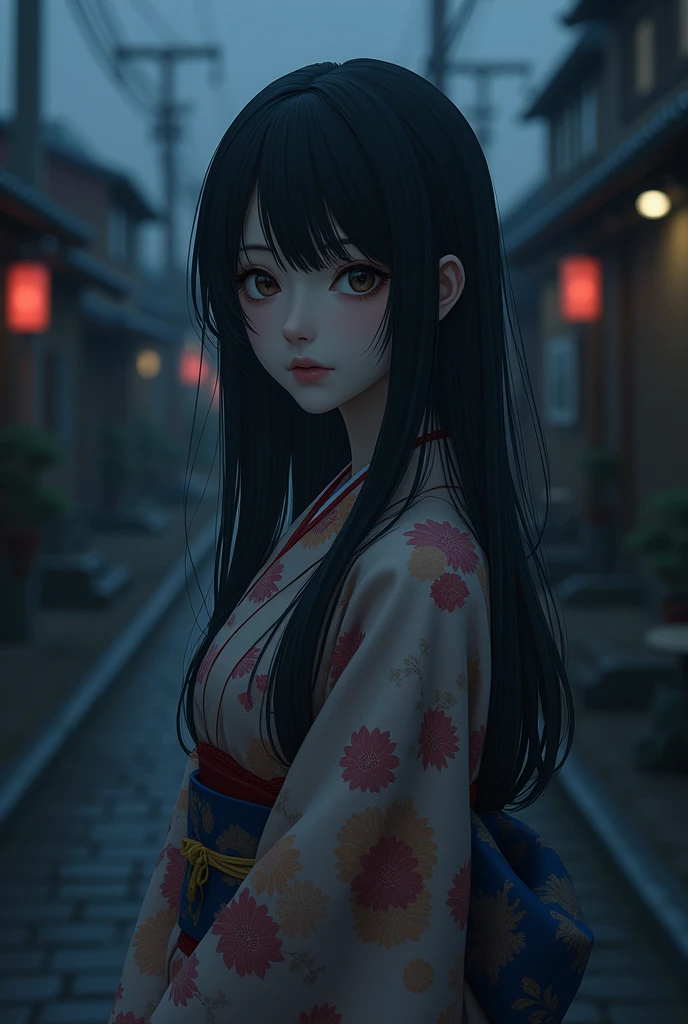 Japanese women。Black Hair。Fair skin。kimono。Long Hair。Looking at me sadly from across the dark road.