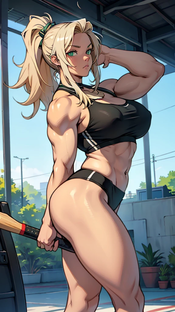 High detailed, masterpiece, 1 girl, solo, silvery Blondie hair, Green eyes ,big breasts, wearinng gym clothes, Holding a spiked baseball-bat in hand, firm strong curvy body, toned muscles, Serious face