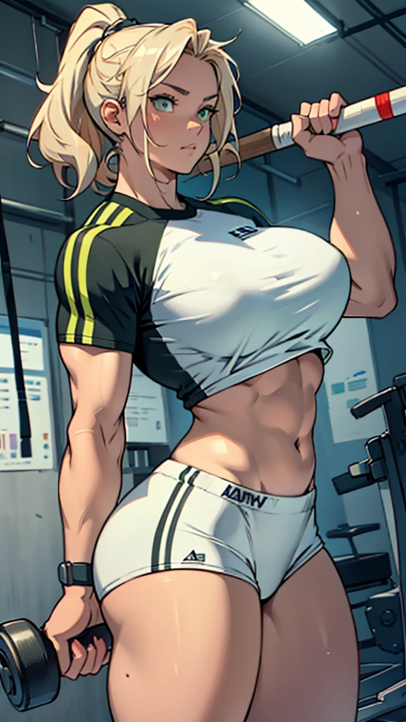 High detailed, masterpiece, 1 girl, solo, silvery Blondie hair, Green eyes ,big breasts, wearinng gym clothes, Holding a spiked baseball-bat in hand, firm strong curvy body, toned muscles, Serious face