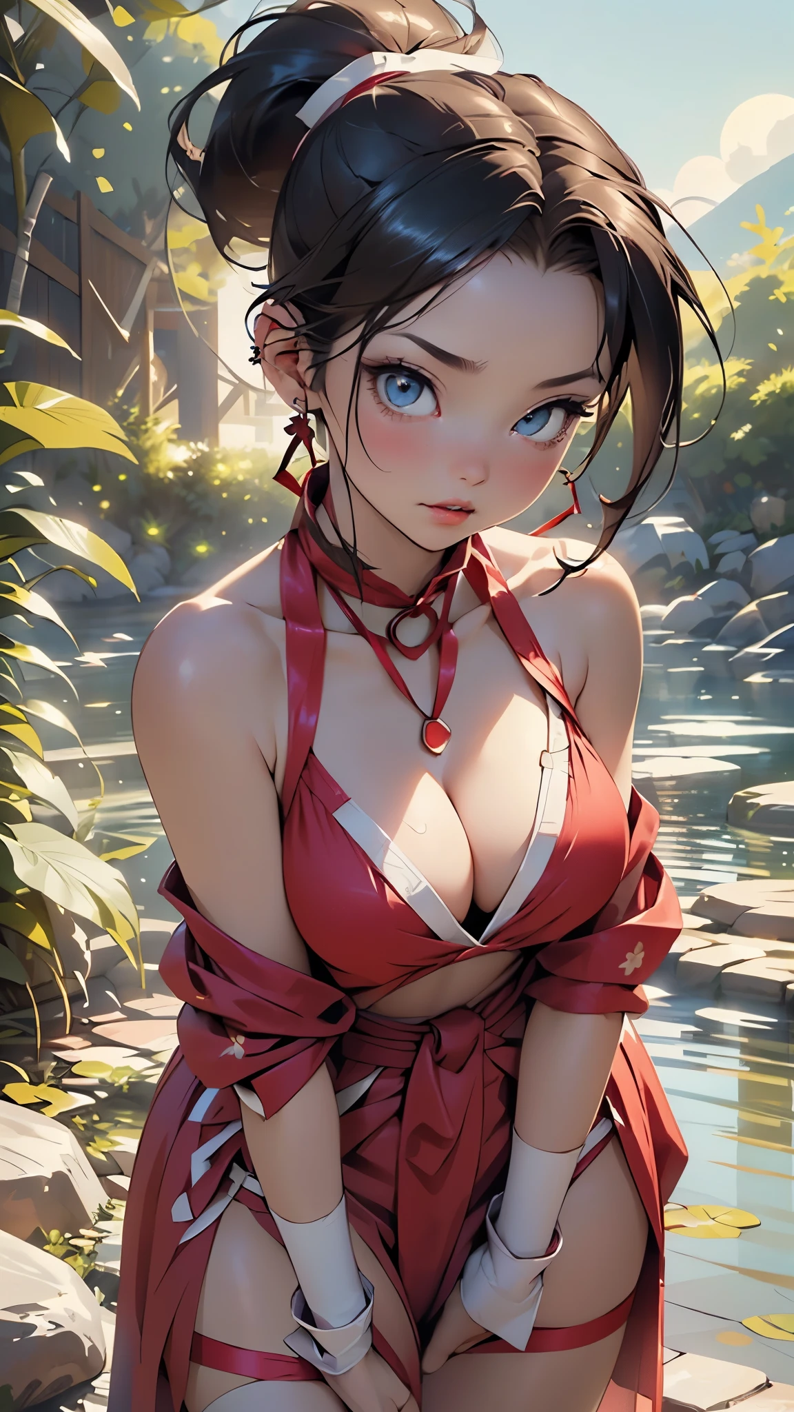 ((((Mai Shiranui from The King Of Fighters)))),mai shiranui,((Mai shiranui from the King of Fighters series)),1girl,

(huge breasts:1.3),((((very long hair:1.3, dark brown hair, white ribbon, ponytail,very long dark brown ponytail hairstyle)))),(((blue_eyes:1.3))),big bright blue eyes,intricate eyes,beautiful detailed eyes,symmetrical eyes,((((lustrous skin:1.5,tanned skin,bright skin: 1.5,skin tanned,shiny skin,very shiny skin,shiny body,Reflective skin)))),(spider lower abdomen,narrow waist,wide hip,athletic body,inflated legs,thick thighs,(detailed face)),beautiful detailed lips,(beautiful face),(red lips),(very big breasts), (perfect and slim body),

cute,slutty,sensual,seductive look,seductive,((erotic)),opulent,sumptuous,((nsfw)),

((tiny clothes,bare shoulders:1.5,bare legs,no bra)),revealing clothing,show skin,(((cleavage:1.5,very open neckline opening:1.5))),sexy,((dressed in the red pelvic curtain costume)), wears a red pelvic curtain, (pelvic curtain),((loincloth)), ((She wears a red costume with a (very deep neckline),secured behind the neck with thin red straps)),(obi strip), (shinobi gauntlets, stockings),((large red cloth strap around waist)),(red clothes:1.5),

(flirtatious pose:1.3), looking at viewer,embarrassed,centered,scale to fit dimensions,Rule of thirds,

outdoor bath,hot onsen,onsen pond,rock bath,full moon,mountains in the background,stream,The hot spring is steaming,night time,scenery,extremely scenery,

(Glossy asian ornaments),highres,sharp focus,(ultra detailed,extremely detailed),(photorealistic artwork:1.37),(extremely detailed CG unity 8k wallpaper),(((vibrant colors,vibrant theme))),(intricate),(masterpiece),(best quality),artistic photography,(photography taken by sldr),(intricate background),perfect rendered face,perfect face details,realistic face,photo realistic,((intricate detail)),(((realism))),
