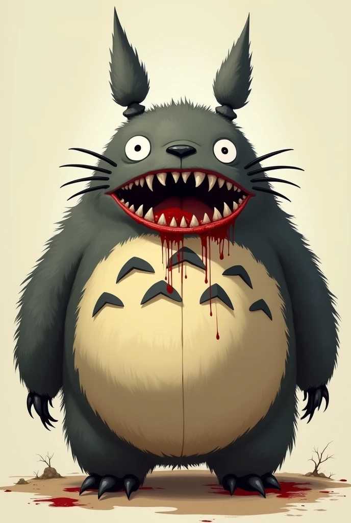 Caricature of Totoro, monster, realistic, 2d, with bloody sharp teeth