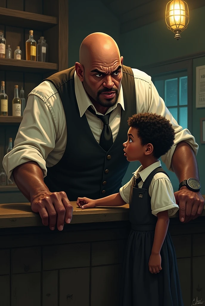 A bald, dark-skinned bartender, very annoyed with a half-meter tall, dark-skinned waiter