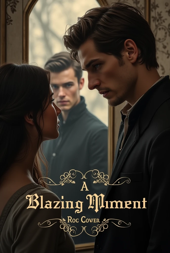 Composition :
Hadrien : Place-le au premier plan, en train de discuter ou d'interagir avec la femme à ses côtés. Il devrait avoir une posture ou une expression qui suggère qu'il est distrait ou pensif.
Arthur : Positionne Arthur en arrière-plan ou dans un reflet subtile, comme à travers une vitre ou dans un miroir. Son regard doit capturer l'attention, avec une expression qui montre qu'il est le centre de l'intérêt d'Hadrien.
Pour Hadrien et la femme, montre leur interaction, mais sans trop de détails pour que l'accent soit mis sur le regard d'Hadrien.
Pour Arthur, assure-toi que son expression est captivante, reflétant le moment de connexion intense.
Typographie :
Assure-toi que le titre "A Blazing Moment" est intégré de manière à ne pas distraire de l'image mais à compléter le design global. Choisis une police élégante et romantique qui s'harmonise avec le ton de l'image.
N'oublie pas Arthur