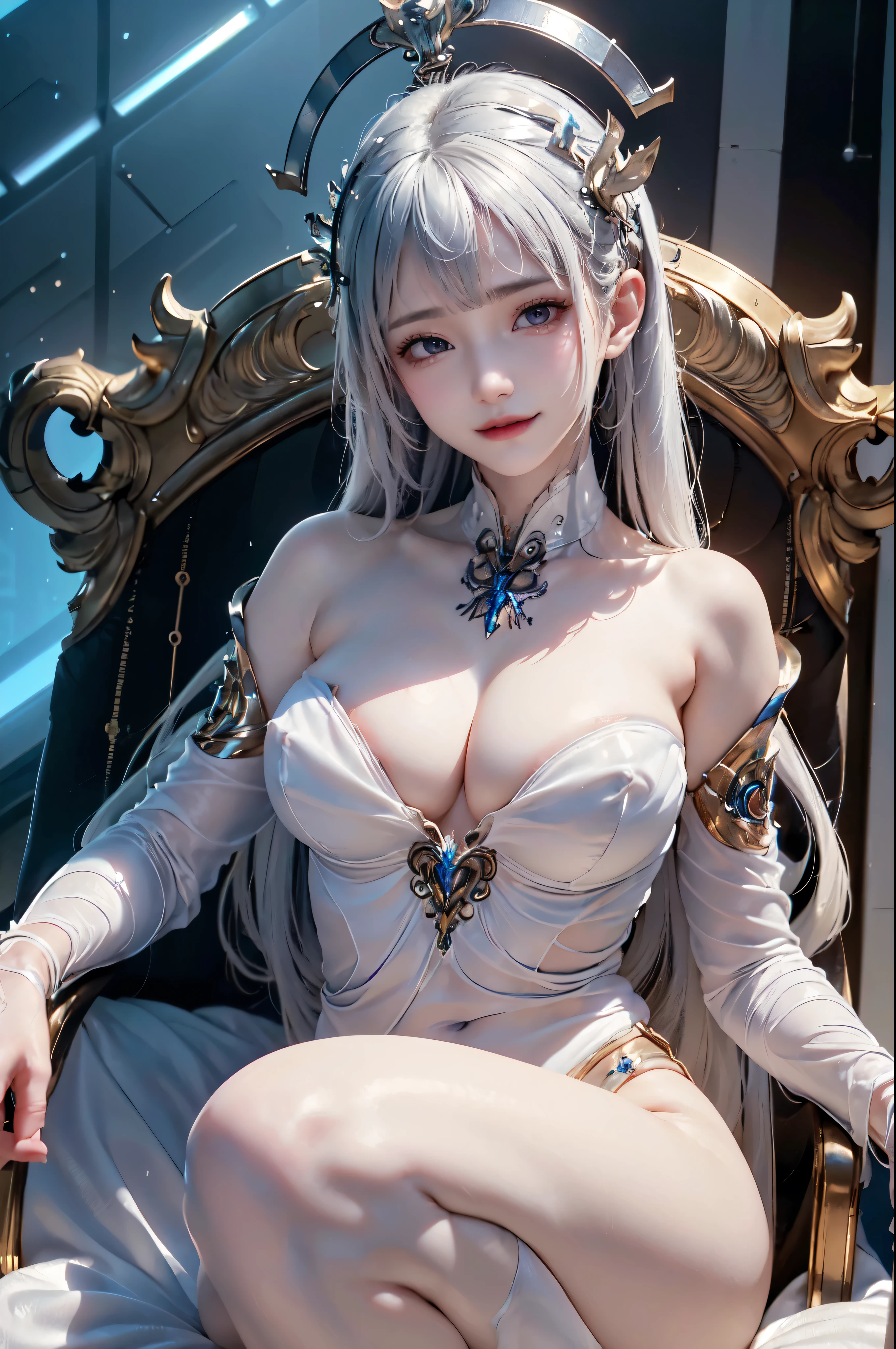 NSFW,((top quality、8k、masterpiece:1.3))Wears a silver-white mech，girl with delicate face，Highest image quality，Ultra-clear，Delicate and clear facial features，end of the world，Mechanical arm，Exquisitely detailed mechanical pattern,Cyberpunk characters、numbercity、number、century、throne、(((Completely naked)))