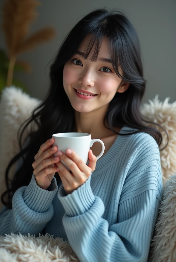 Woman, PICTURE REALISTIC, She has black hair and bangs, long hair, She has a blue sweater, She's sitting on the couch, drinking coffee, Ela tem olhos azuis, She is happy.