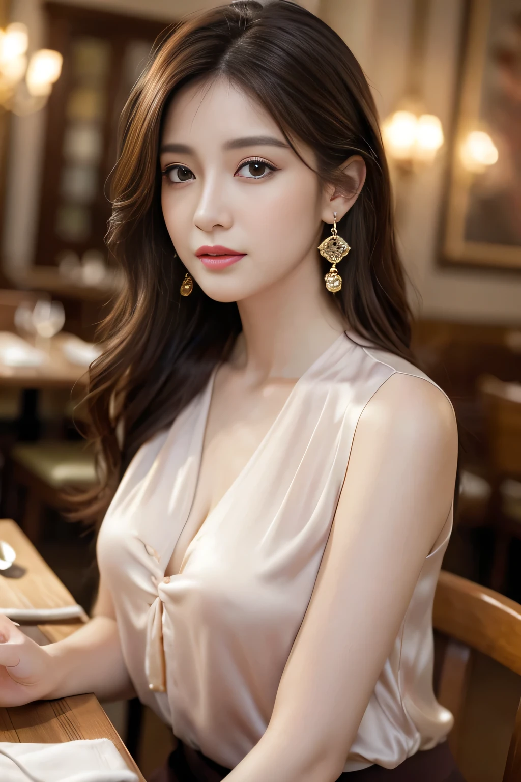 masterpiece, Highest quality, Realistic, Very detailed, Finer details, High resolution, 8k wallpaper, One beautiful woman, Wear a pretty colored silk shirt, In a great restaurant, At night, Light brown messy hair, Perfect dynamic composition, Beautiful and beautiful eyes、Big earrings、chest、Sleeveless shirt、