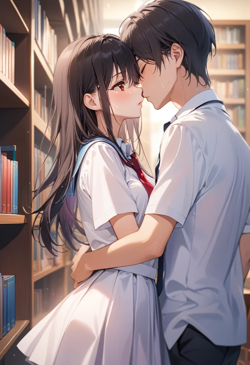 evening,Library,  Shooting from the side, ((masterpiece)), ((Highest quality)), (Very detailed), beautiful girl, Kissing Scene, High school students kissing, (((beautiful girl, juvenile))), (A passionate kiss, Embrace each other), , ((Cute high school student. Black Hair)), ((Close ~ eyes)), White Uniform,(Short sleeves, tie, Summer clothes), Slender body, ((Medium chest)),(Red cheeks),Sweat, Enchanted, A deep kiss, whole body, Shooting from the side