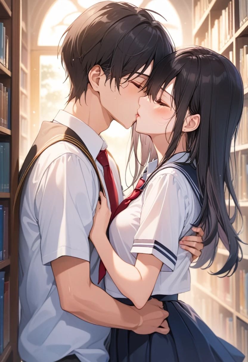 evening,Library, Shooting from the side, ((masterpiece)), ((Highest quality)), (Very detailed), beautiful girl, Kissing Scene, High school students kissing, (((beautiful girl, juvenile))), (A passionate kiss, Embrace each other), , ((Cute high school student. Black Hair)), ((Close ~ eyes)), White Uniform,(Short sleeves, tie, Summer clothes), Slender body, ((Medium chest)),(Red cheeks),Sweat, Enchanted, A deep kiss, whole body, Shooting from the side