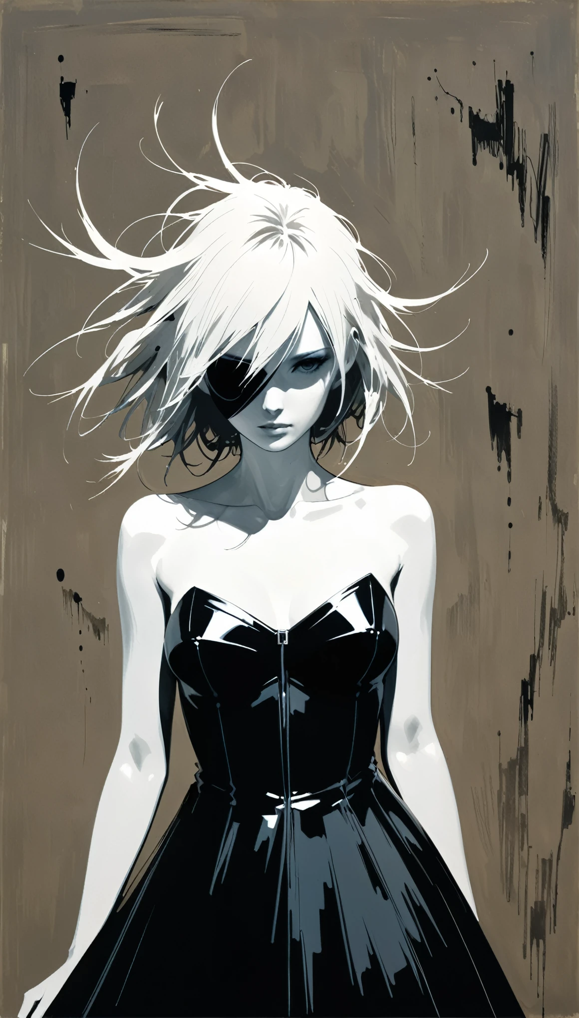 [in style of ashley wood],[in style of Hans Hartung],in style of Chris Friel
(1girl,character conceptual design,half body),gravure_pose,ring composition,inkjet,polypropylene pigments