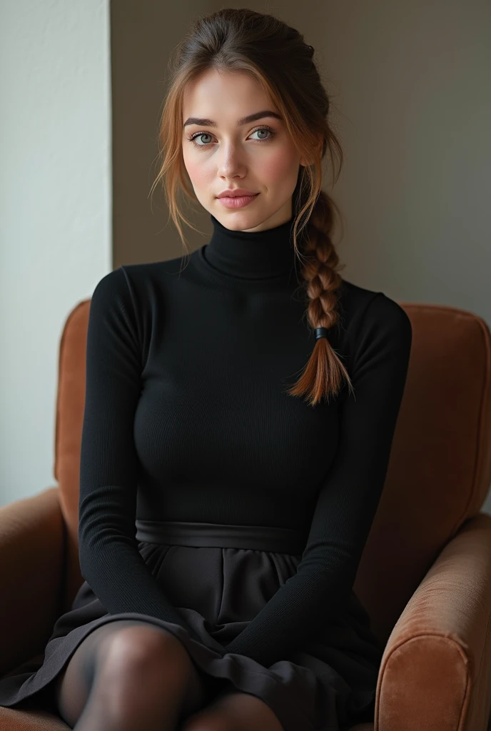 brown hair color、pulled back ponytail、cute face、 she wears a turtleneck and a skirt.、black pantyhose、sitting on a chair、crossed legs、wearing  boots、adult german woman、full body portrait、indoor.、