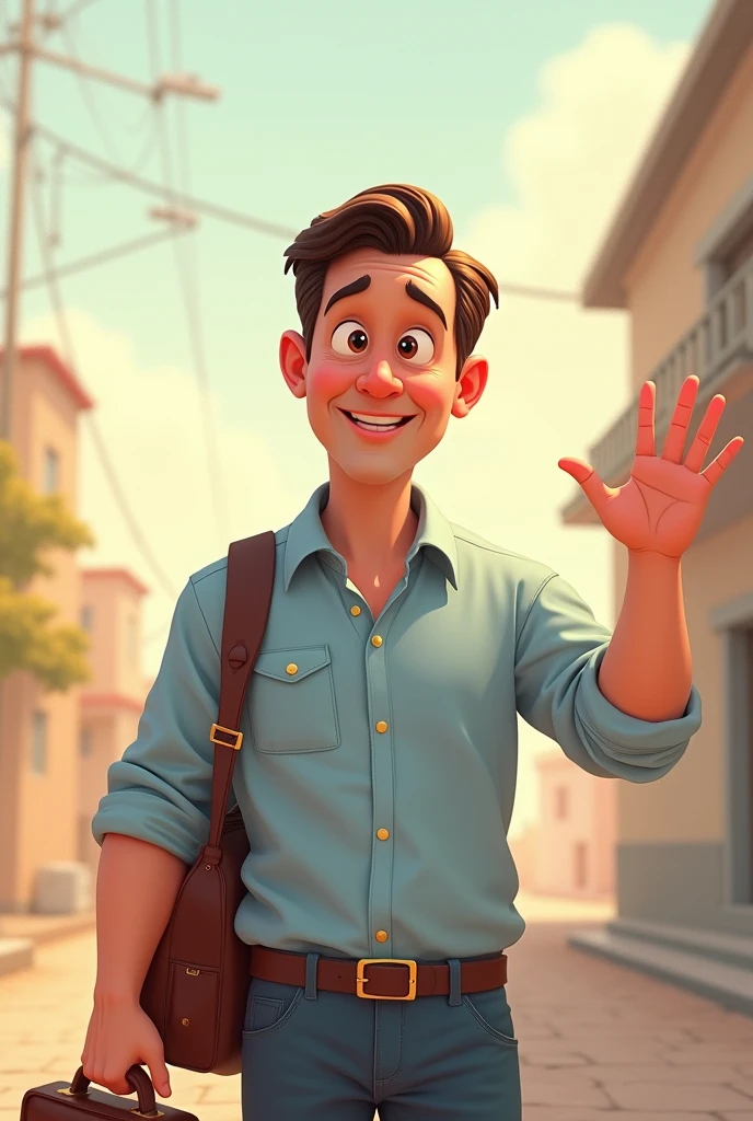 Disney-style guy, brown hair and light blue shirt, with bags in hand and saying goodbye 