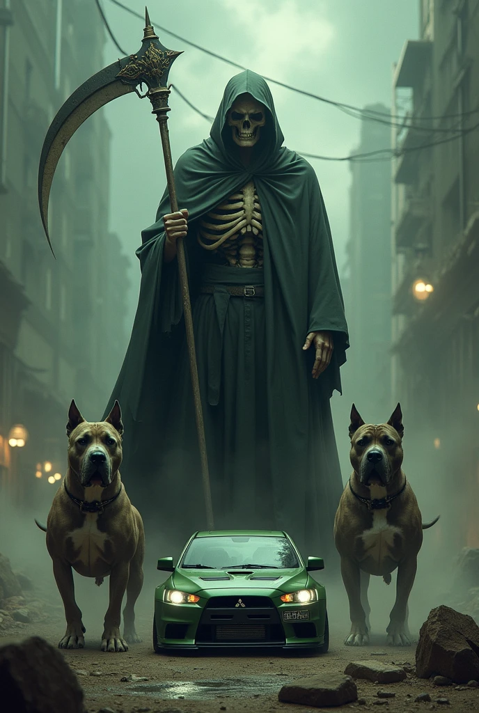 The Holy Death with pit bulls and a military green Mitsubishi Evo X 