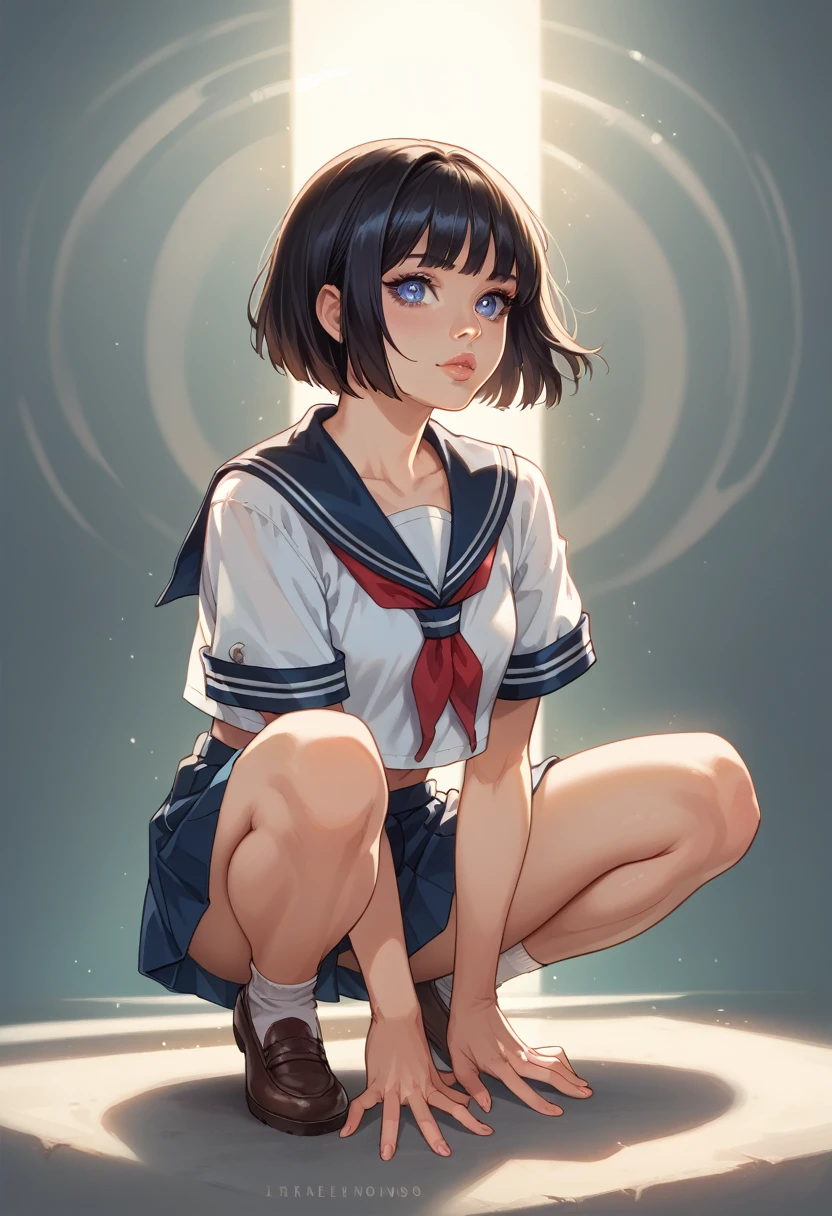 a beautiful girl in a sailor uniform, short black hair bob haircut, squatting down to put on shoes, a glimpse of cleavage,ultra-detailed,extremely detailed eyes and face, beautiful detailed eyes, beautiful detailed lips, longeyelashes, intricate details, high quality, cinematic lighting, soft warm colors, delicate, feminine, cute, , dynamic pose, photorealistic, highly detailed, studio lighting, sharp focus, physically-based rendering