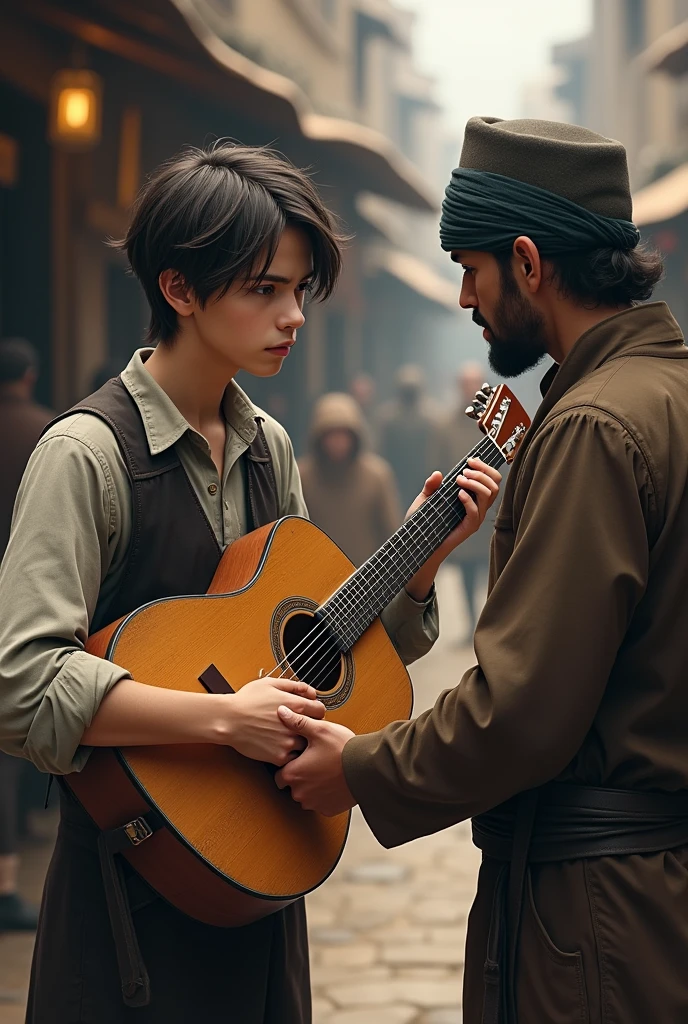 A young man hands his guitar to a merchant. The scene shows the sadness and resignation of the young man, Who is holding the guitar with both hands, while the merchant extends his to receive it. The expression of the young man must reflect his emotional attachment to the instrument.