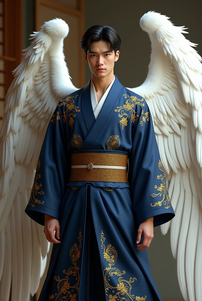 A traditional Japanese navy blue kimono with gold detailing and a back neckline for a man with large angel wings to wear, Show him his back