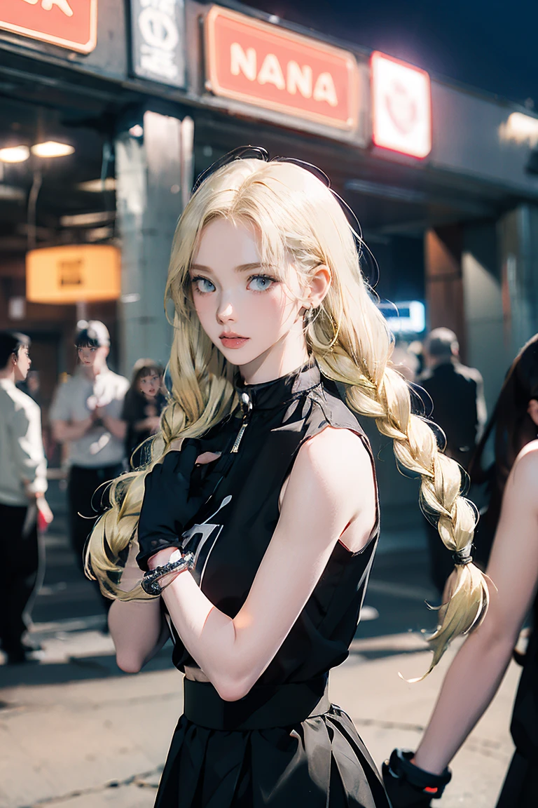 Large Breasts, 8k, masterpiece, RAW Photos, Highest quality, detailed:1.2),Realistic, extremely detaileded CG unity 8k wallpaper, Lens flare, (Very beautiful face, Beautiful red lips, Beautiful Eyes), intricate detailed face, ((ultra detaileded skin)), One person, cute, (slim, Toned, muscular body:1.3), (Raced ドレス), (((city night, (Neon Signs), (night))), pantyhose, (((blue eyes))), ((Upper Body Shot)), とてもslim, ((((Blonde hair twin braids)))), (((Silver: pink: Skirt Dresses: gloves Race)))))), 3d, Rich colors, (Black Makeup:1.3), (Race stockings with garters, cord trim, Race), (Intricate detaileded multi-layer bodysiut lacy Race-upp), neckRace, bRacelet,Browsing Caution,