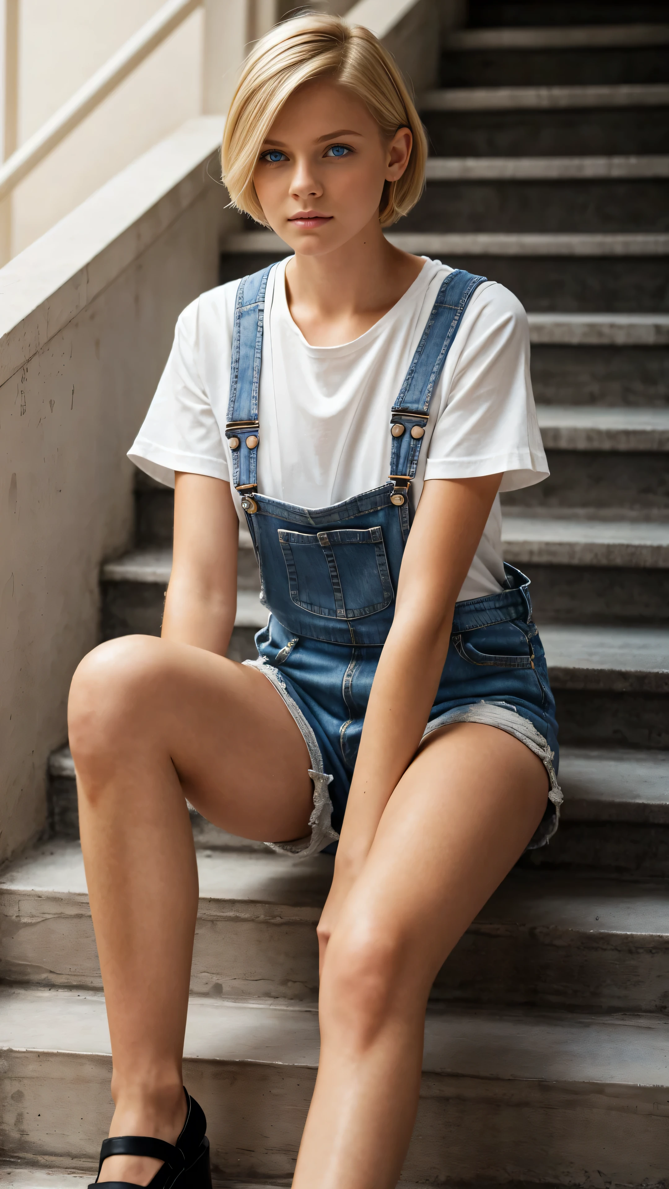 A woman with an angelic face and short (natural blonde) hair, blue eyes, sitting casually on a staircase of a building, wearing a white shirt with overalls and short black shorts, detailed face, intricate clothing folds, ambient lighting, photo-realistic, cinematic, warm color tones, dramatic shadows, architectural elements, depth of field