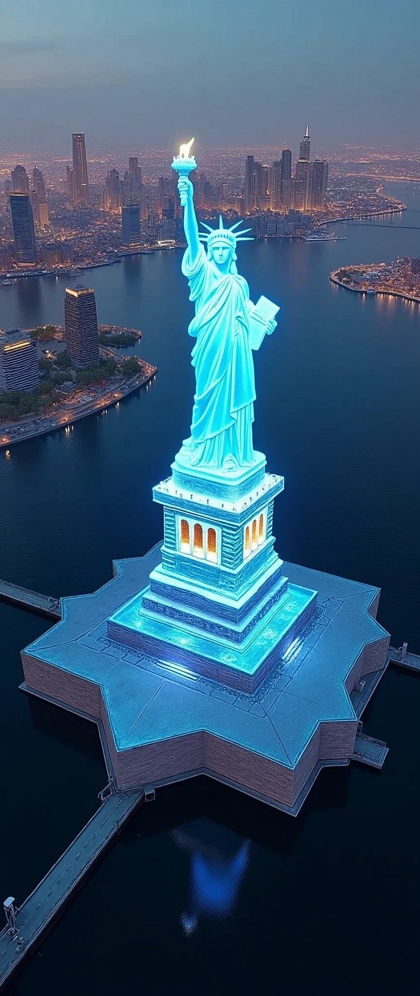 Spectacular landscape photography,Shot from an airplane,(new york in the future:2.0,Statue of Liberty projected as a hologram:2.0,beautiful夜景,Server puncture),(masterpiece:1.2,Highest quality,Ultra-high resolution,Very detailed,8k,Realistic,Best aesthetics),beautiful,(dynamic)