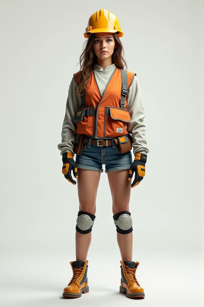 Woman dressed in long sleeve shirt ,safety helmet ,jeans, safety boots and safety vest and the other half of the body dressed in sneakers,volleyball jersey and shorts knee pad